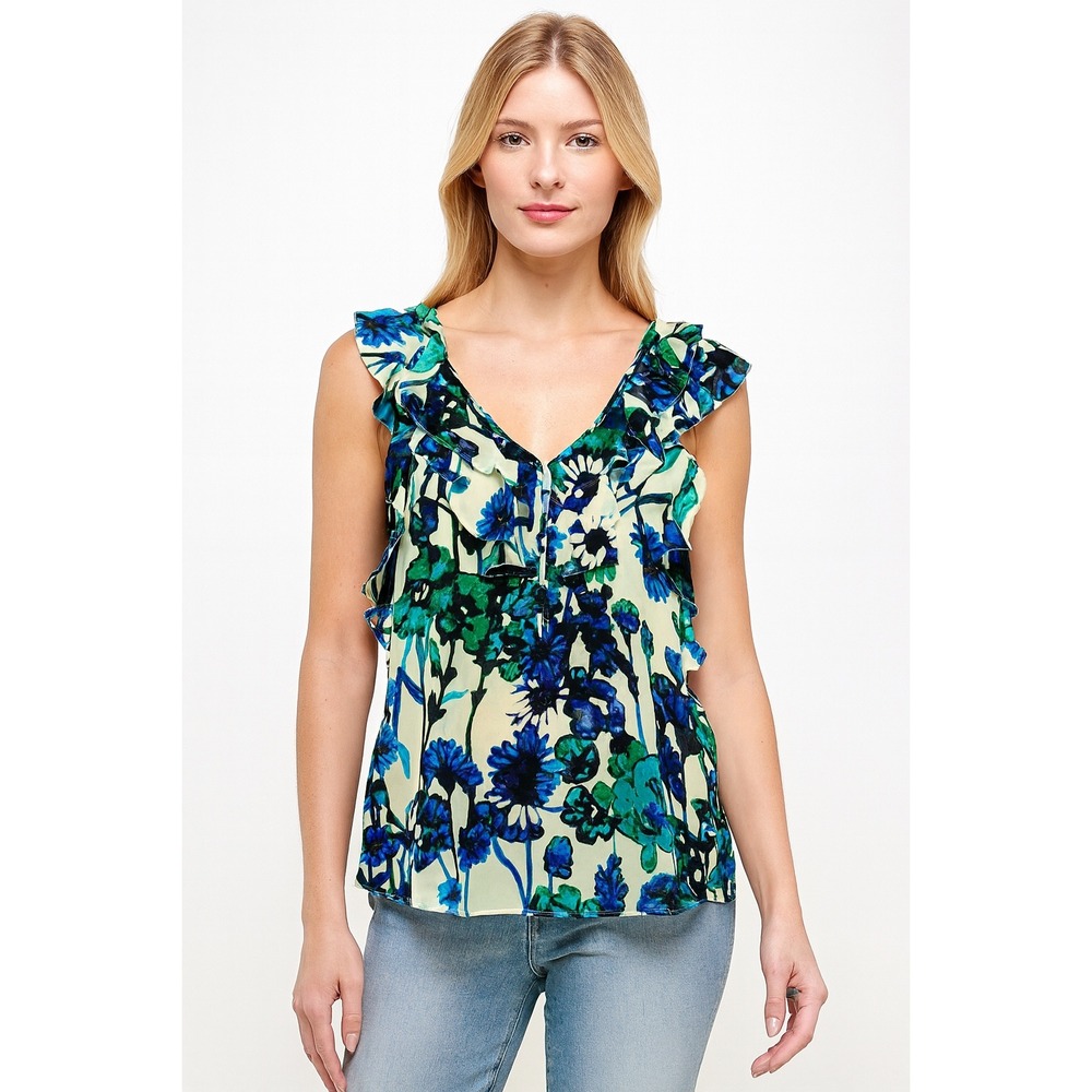 Rebecca Taylor Silk‎ Floral Ruffle V Neck Sleeveless Top Size 10 Green Feminine